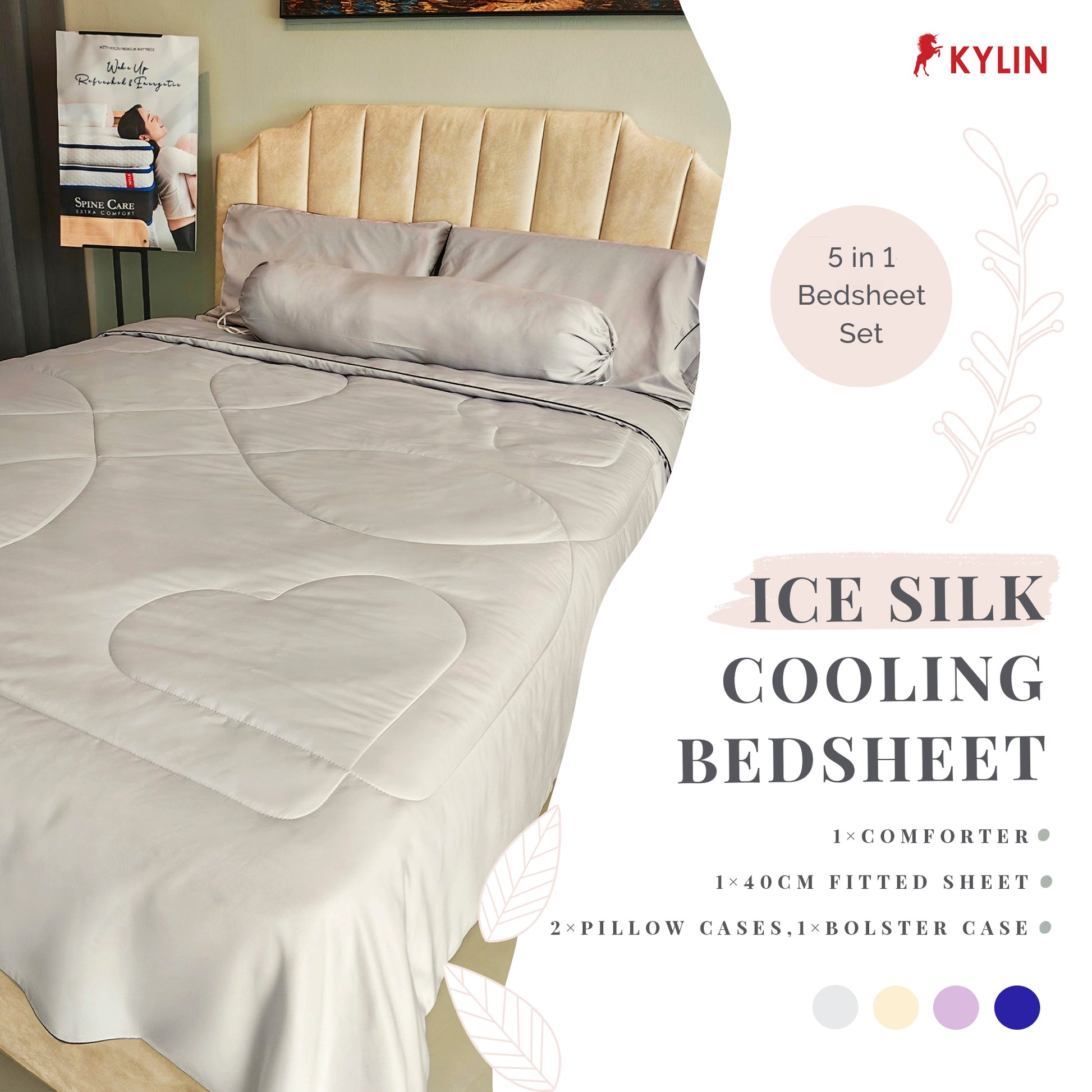 KYLIN Ice Silk-like Cooling Bedsheet 5in1 Fitted Sheet with Comforter