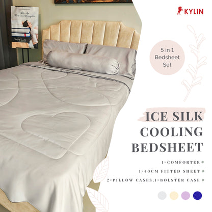 KYLIN Ice Silk-like Cooling Bedsheet 5in1 Fitted Sheet with Comforter
