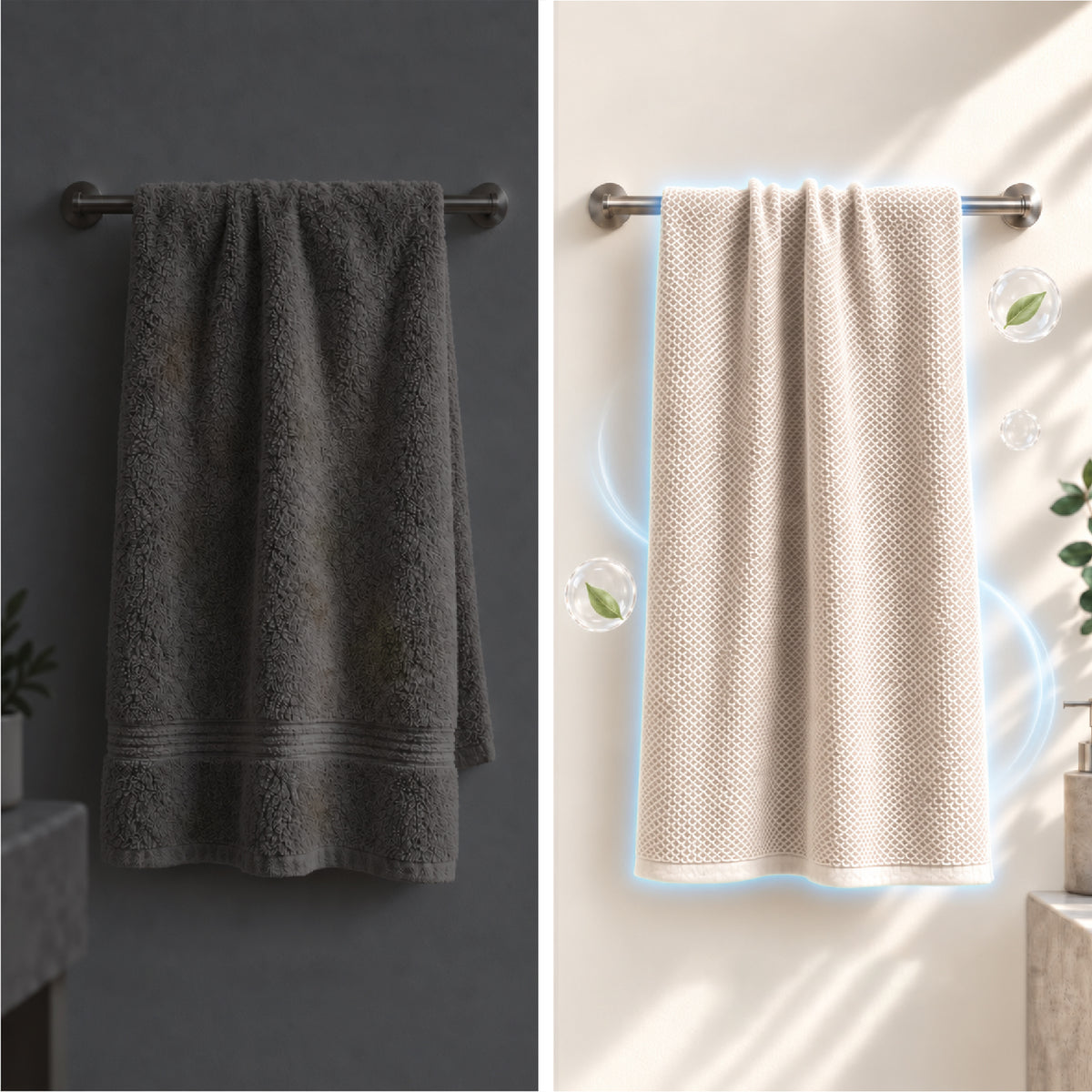 A side-by-side comparison showing a standard dark towel next to the self-purifying Kylin Wellness towel, illustrating how light-activated LumiPur technology prevents musty odors and body acne.