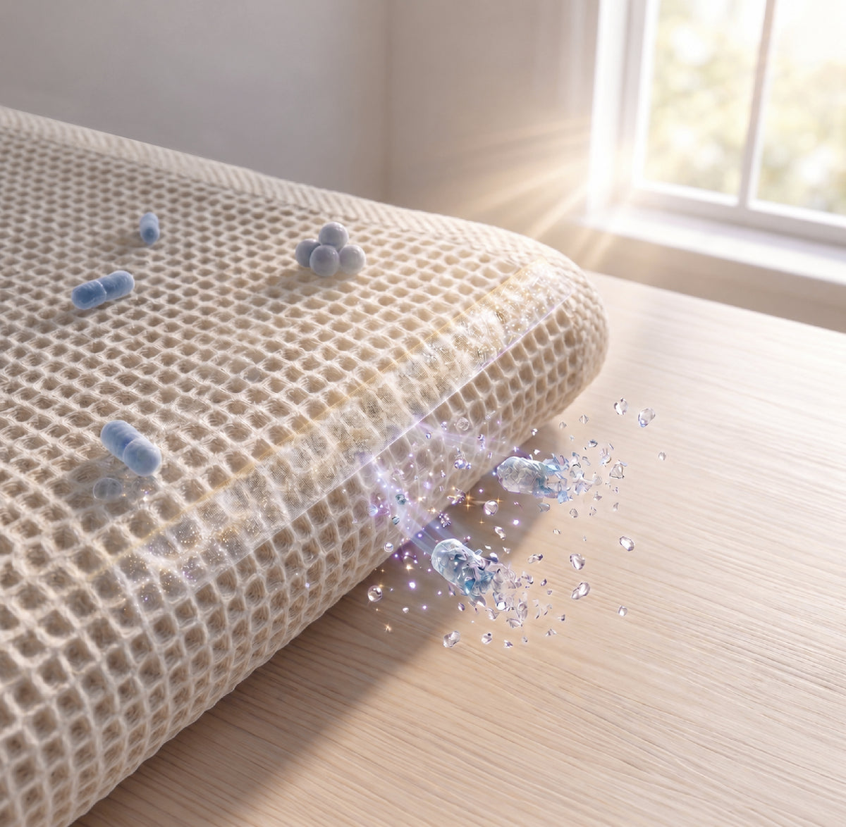 A close-up of a beige honeycomb textured towel surface with several blue microbe-like graphics and floating droplets near the corner. The image is illustrating the LumiPur Nanotechnology is breaking down the microbes into harmless water and air. 