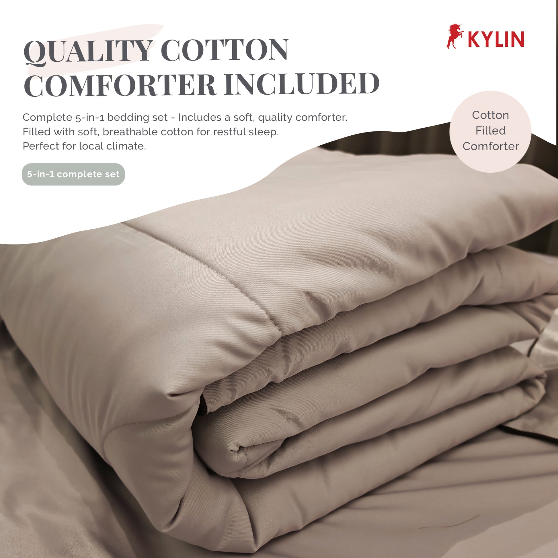 KYLIN Ice Silk-like Cooling Bedsheet 5in1 Fitted Sheet with Comforter