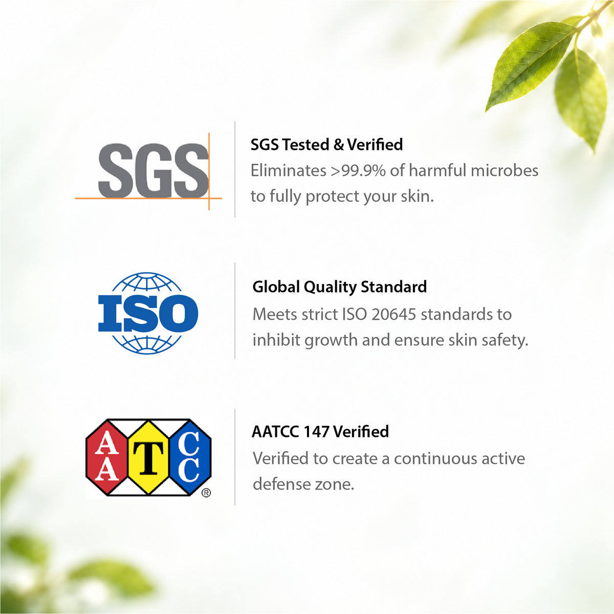 Official SGS, ISO 20645, and AATCC 147 certification badges verifying that the Kylin Wellness LumiPur towel eliminates >99.9% of harmful microbes for ultimate skin safety.