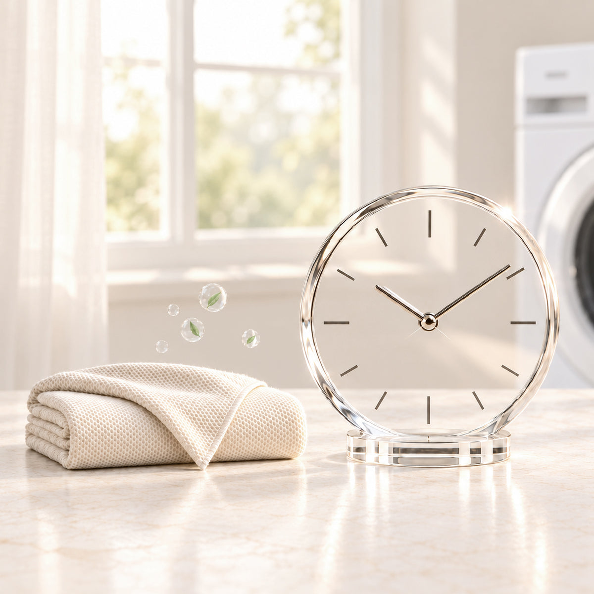A folded Kylin Wellness towel next to a sleek glass clock in a sunlit room, symbolizing the long-lasting freshness and time-saving benefits of LumiPur self-purifying technology.